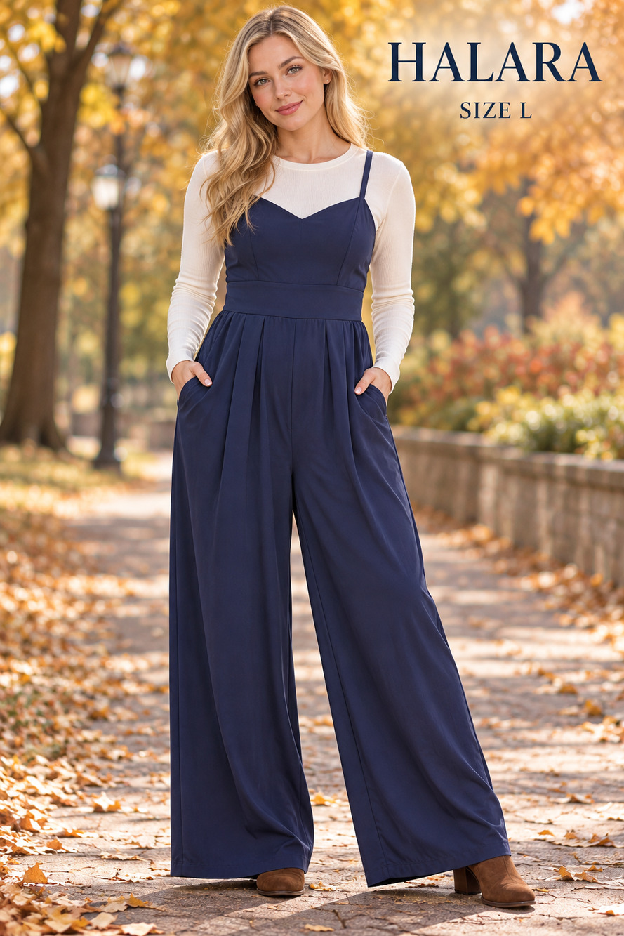 Halara Navy Wide Leg Jumpsuit Large Sweetheart Neckline Stretch Pockets